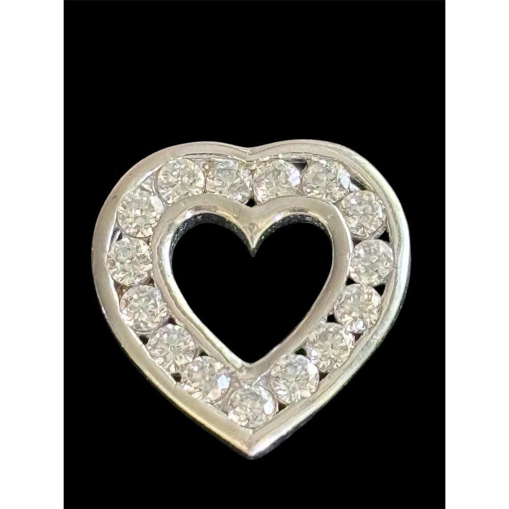 Vtg Sterling Silver CZ Floating Heart Pendant 925 5/8”